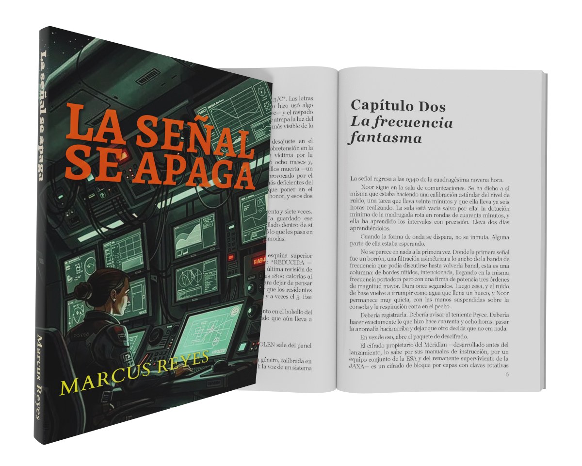 Portada e interior reales de «La señal se apaga», diseñados por Cantos IA